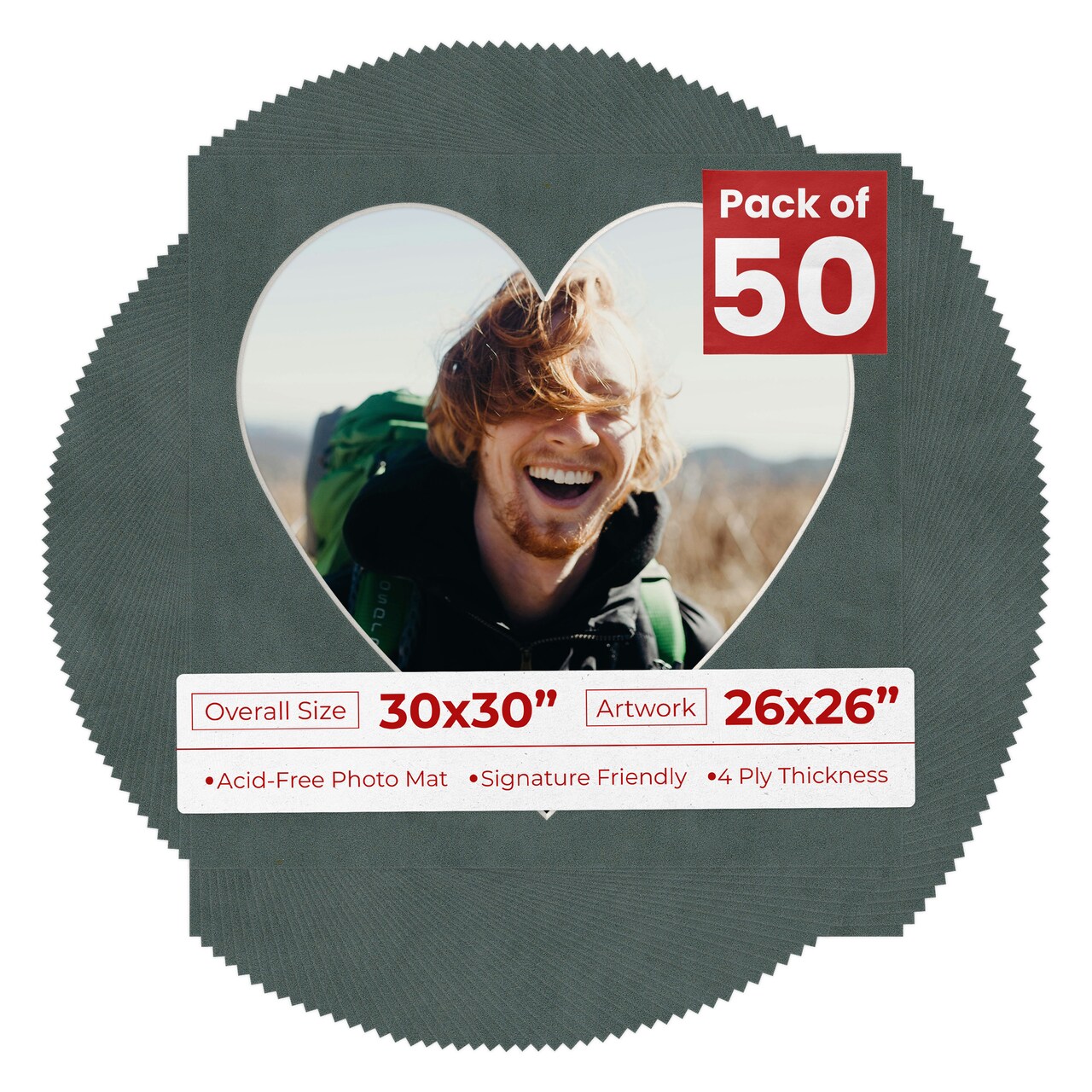 Dark Grey Suede Mat Board for 30x30 Frames - Heart Opening for 26x26 Photos